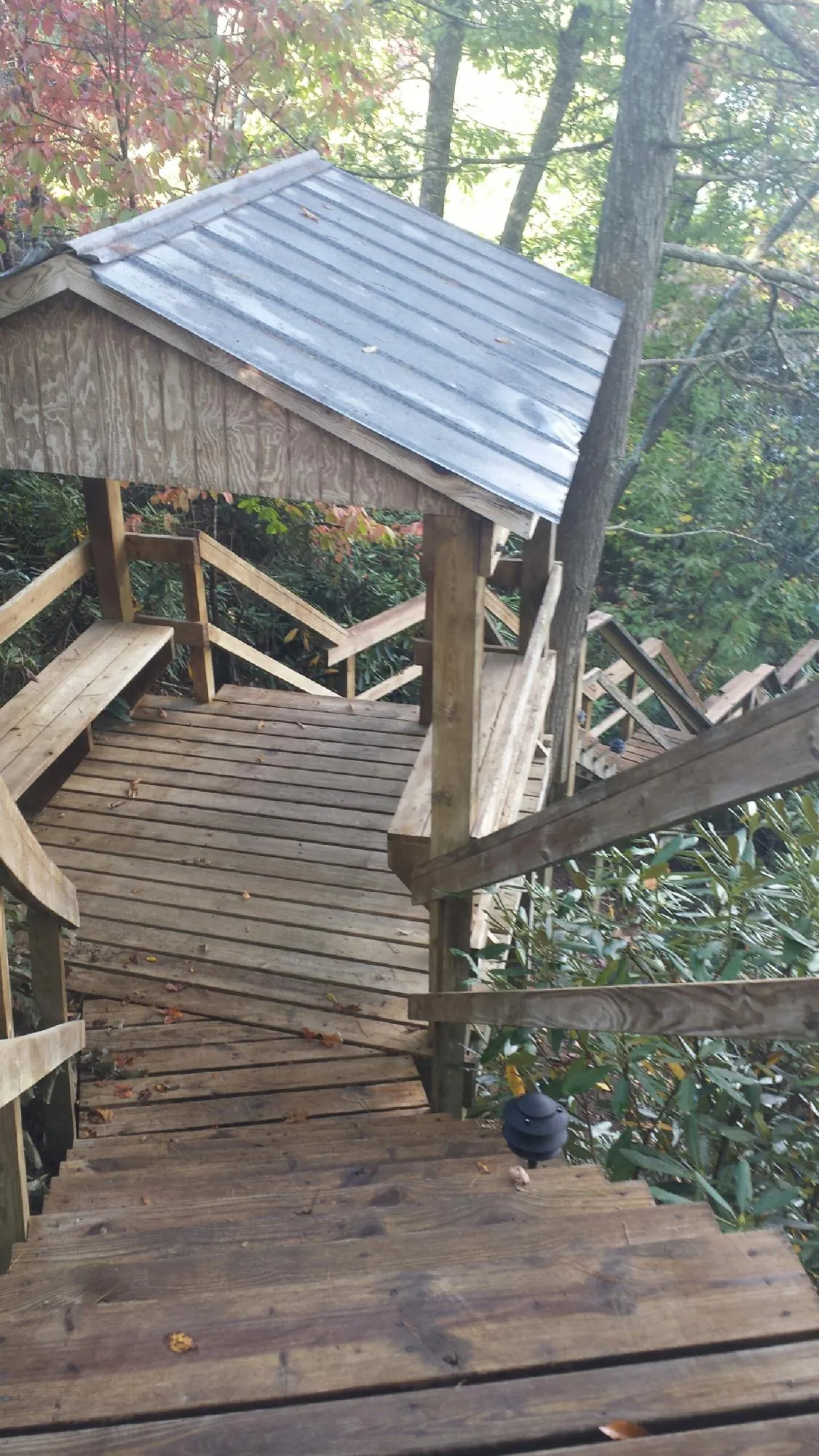 Metal roofed shelter over wooden steps on a wooded walkway — Skylight Repair & Installation work by our crew in Gaines
